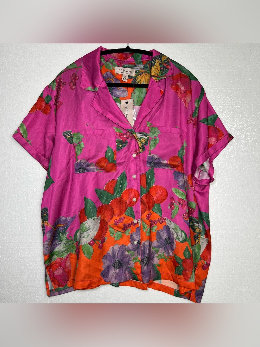 Philosophy pink silky fruit print button blouse size 1X NWT